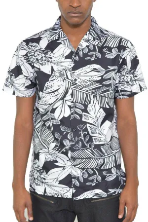 Mens Black & White Jungle Print Button Down Shirt